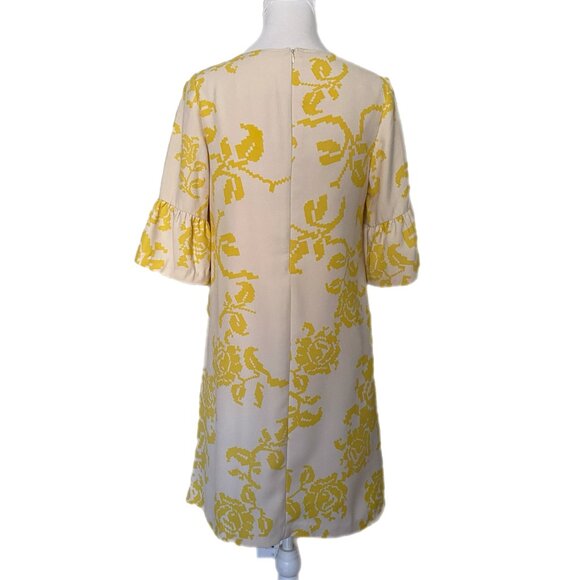 Karta Vintage Yellow Floral Beige Stone 3/4 Bell Sleeve Mid Length Lined Dress M - Picture 5 of 5
